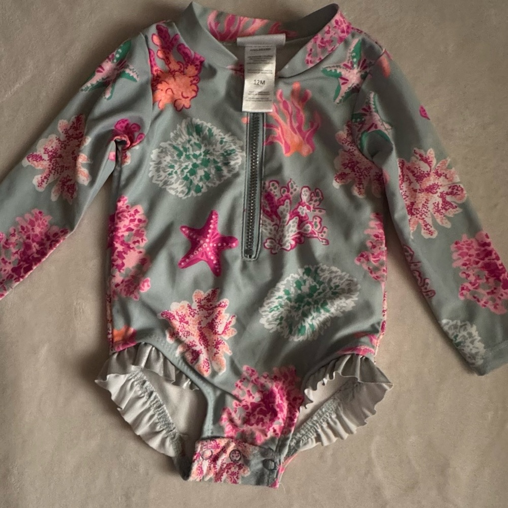 NICOLLE MILLER Pink and Green Coral Kids Swim Rashguard